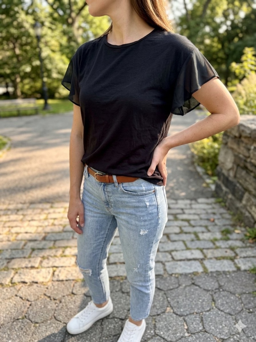 LOFT Black Short Sleeve Ruffle-Sleeve Tee